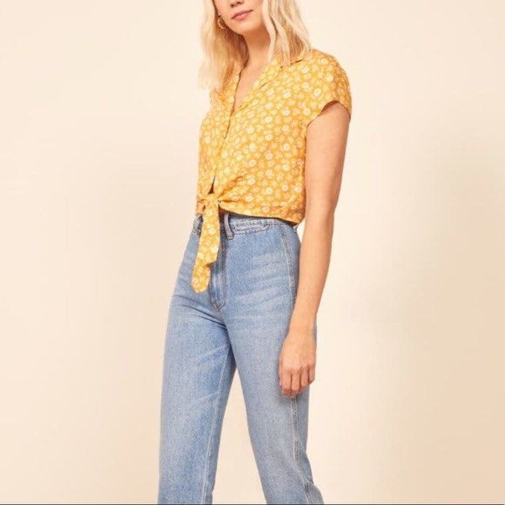 Reformation Jeans Maholo Tie Front Top S Yellow Daisy Crop Cottagecore Cute